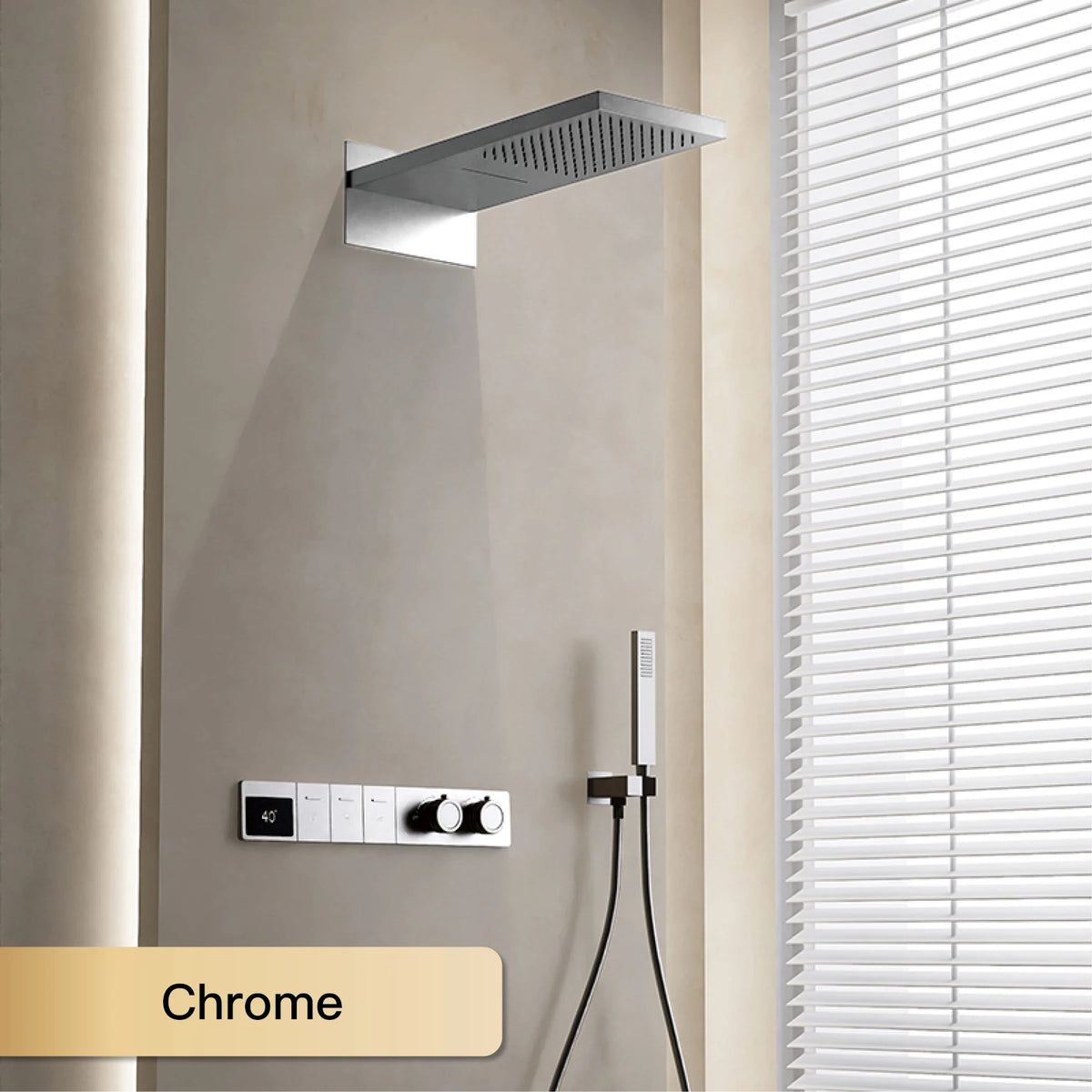 Wall-mounted MC THE BLACK DIAMOND shower system with dual control hot and cold water, hidden design and sleek modern faucet.