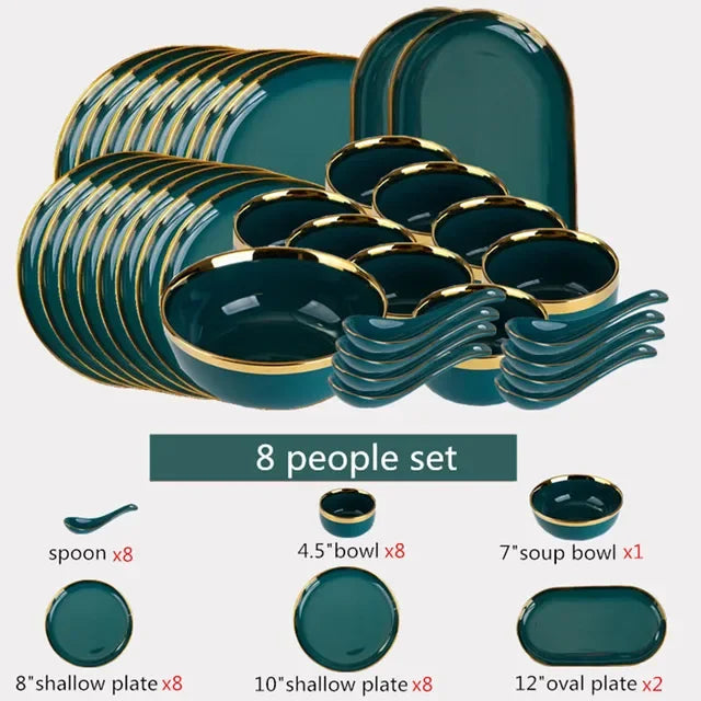 Green ceramic dinnerware set by MC THE BLACK DIAMOND, includes plates and bowls for family dining, stylish and durable.