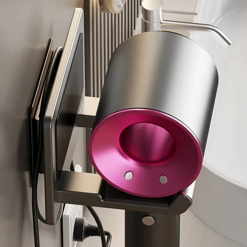 MC THE BLACK DIAMOND hair dryer hanger with suction cup rack for multi-function storage, shown mounted on a bathroom wall.