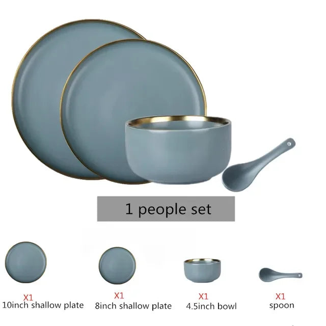 Matte ceramic dinnerware set with cereal bowls, dessert plates, and steak plates from 𝕄𝕔 𝕋𝕙𝕖 𝔹𝕝𝕒𝕔𝕜 𝔻𝕚𝕒