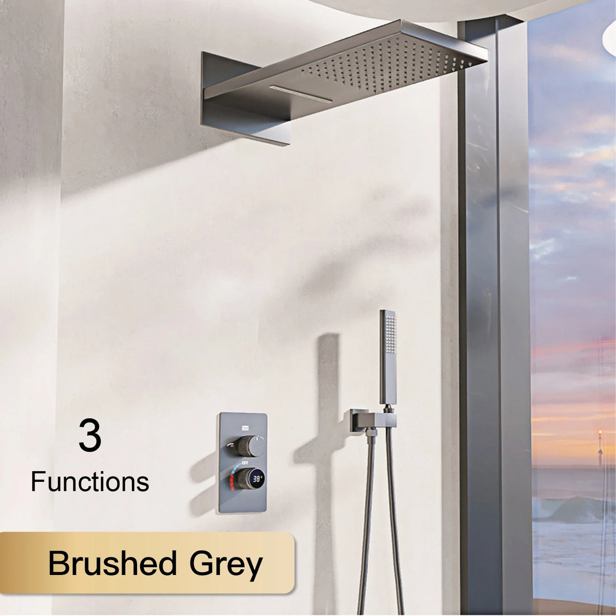 LED digital display shower system by MC THE BLACK DIAMOND showing dual control for hot and cold water, with sleek modern design.