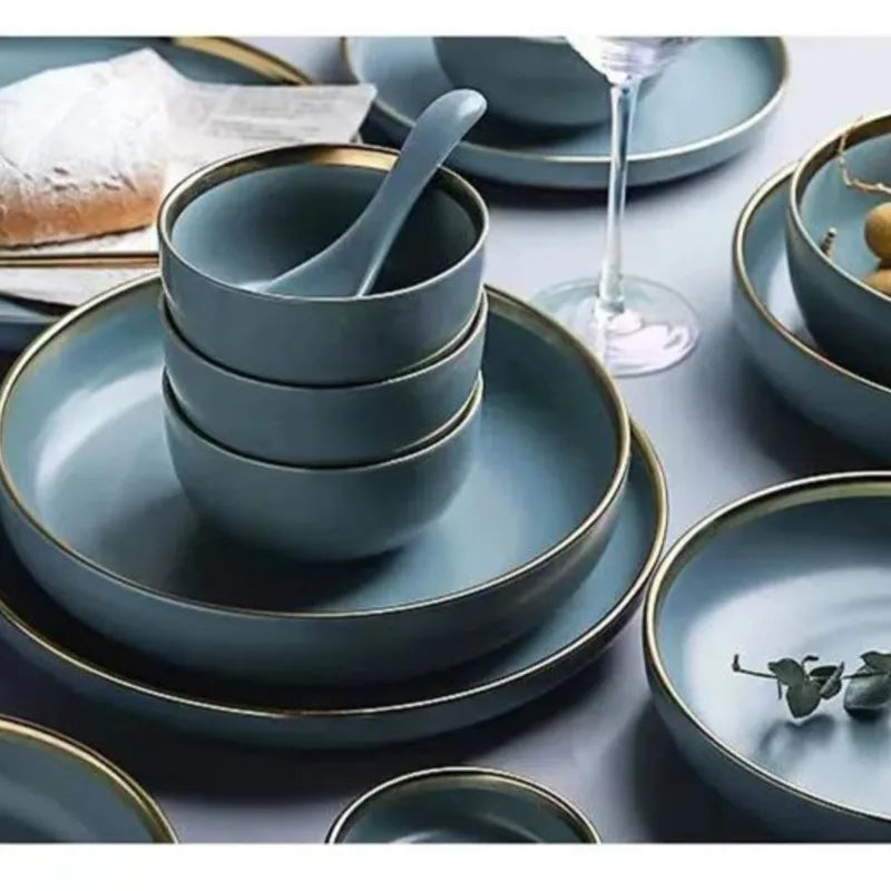 Matte ceramic dinnerware set with cereal bowls, dessert plates, and steak plates from 𝕄𝕔 𝕋𝕙𝕖 𝔹𝕝𝕒𝕔𝕜 𝔻𝕚𝕒