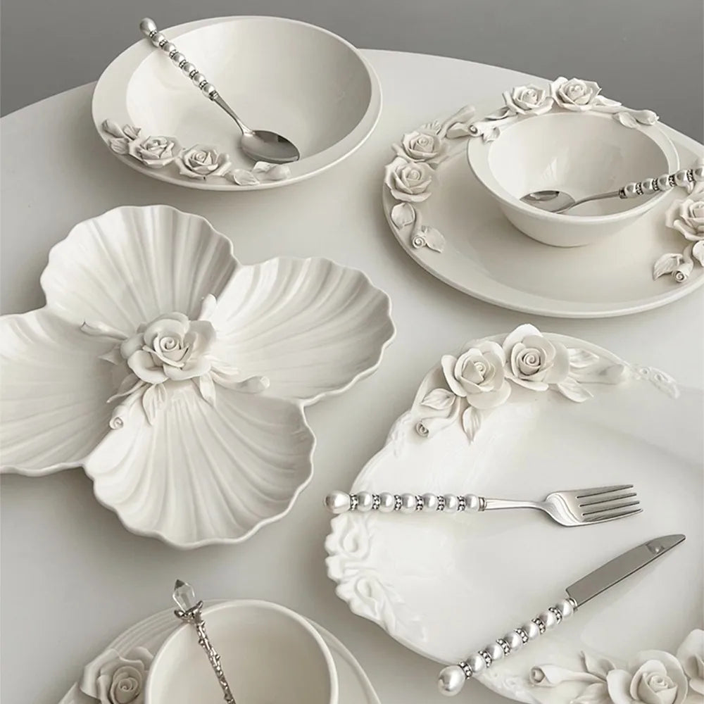 European Relief ceramic hand-held flower bowl, plate, cup, and tableware set by 𝕄𝕔 𝕋𝕙𝕖 𝔹𝕝𝕒𝕔𝕜 𝔻𝕚𝕒