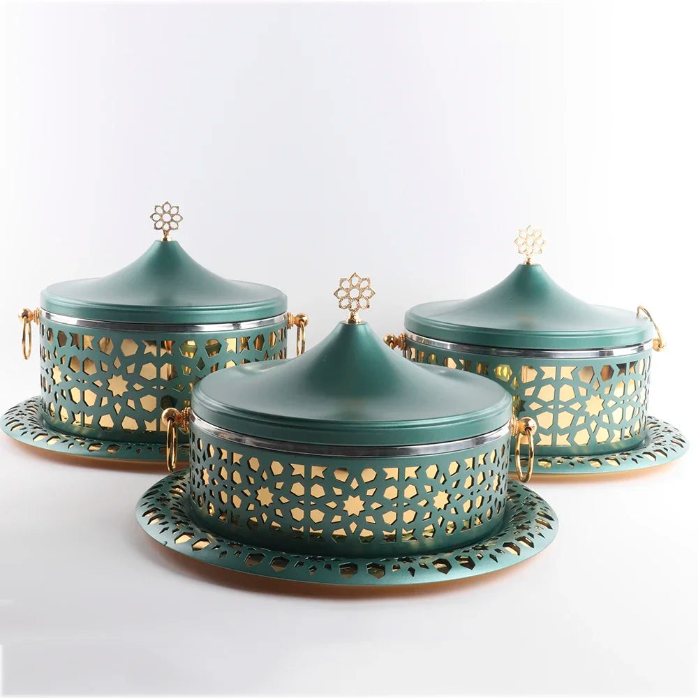 Set of MC THE BLACK DIAMOND luxury chafing dishes for buffet serving, featuring polished stainless steel and elegant design.