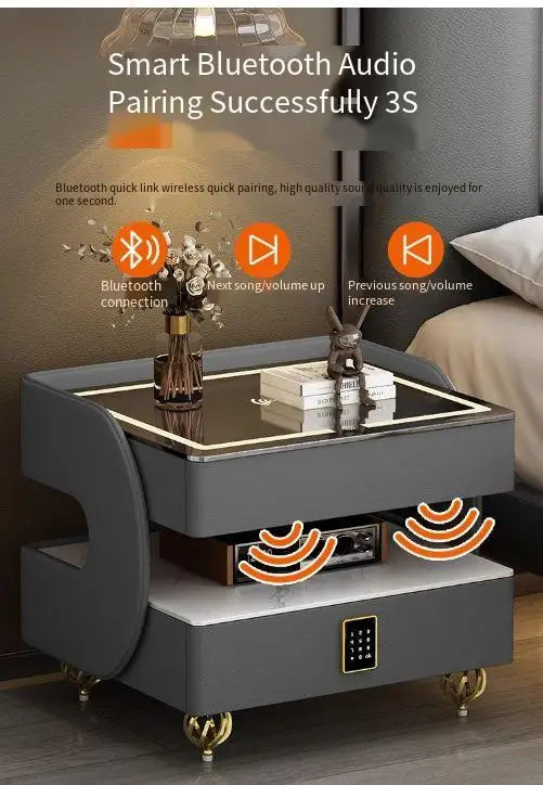 MC The Black Diamond coded lock USB rolling bedside table with side storage and modern design, shown in a contemporary bedroom setting.