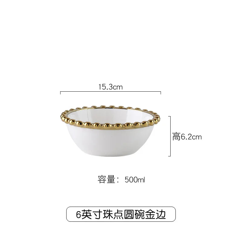 Nordic ceramic plates and bowls set with gold round dot edge, ideal for salads, desserts, and home dinner tableware from 𝕄𝕔 𝕋𝕙𝕖 𝔹𝕝𝕒𝕔𝕜 �