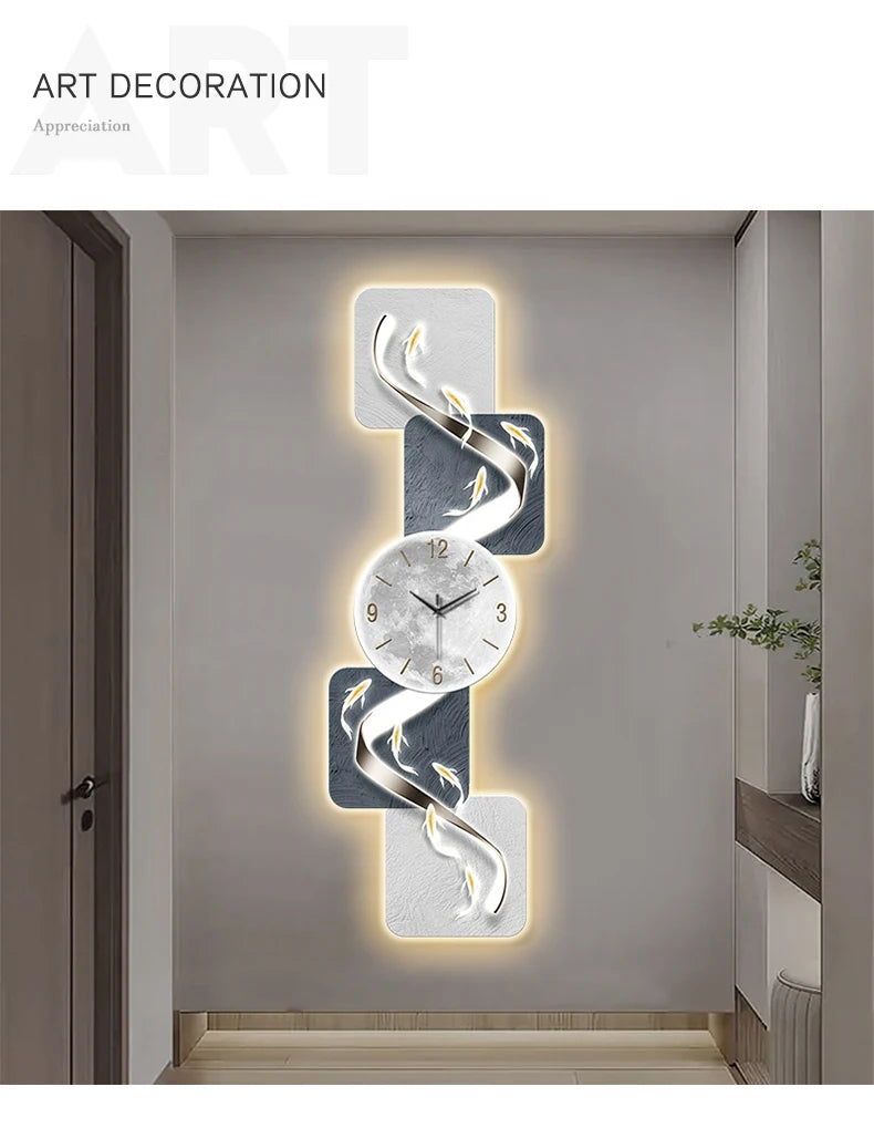Modern wall clock featuring nine colorful fish design with LED luminescent accents, suitable for living rooms and corridors.