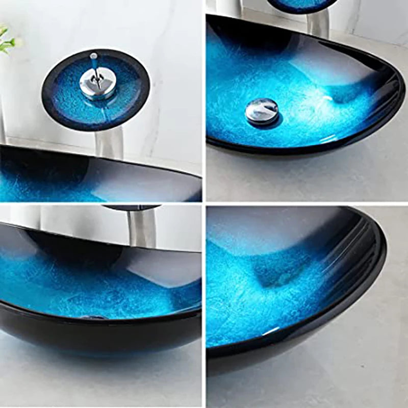 Blue glass vessel sink with waterfall faucet set by MC THE BLACK DIAMOND, showcasing a modern bathroom vanity fixture.