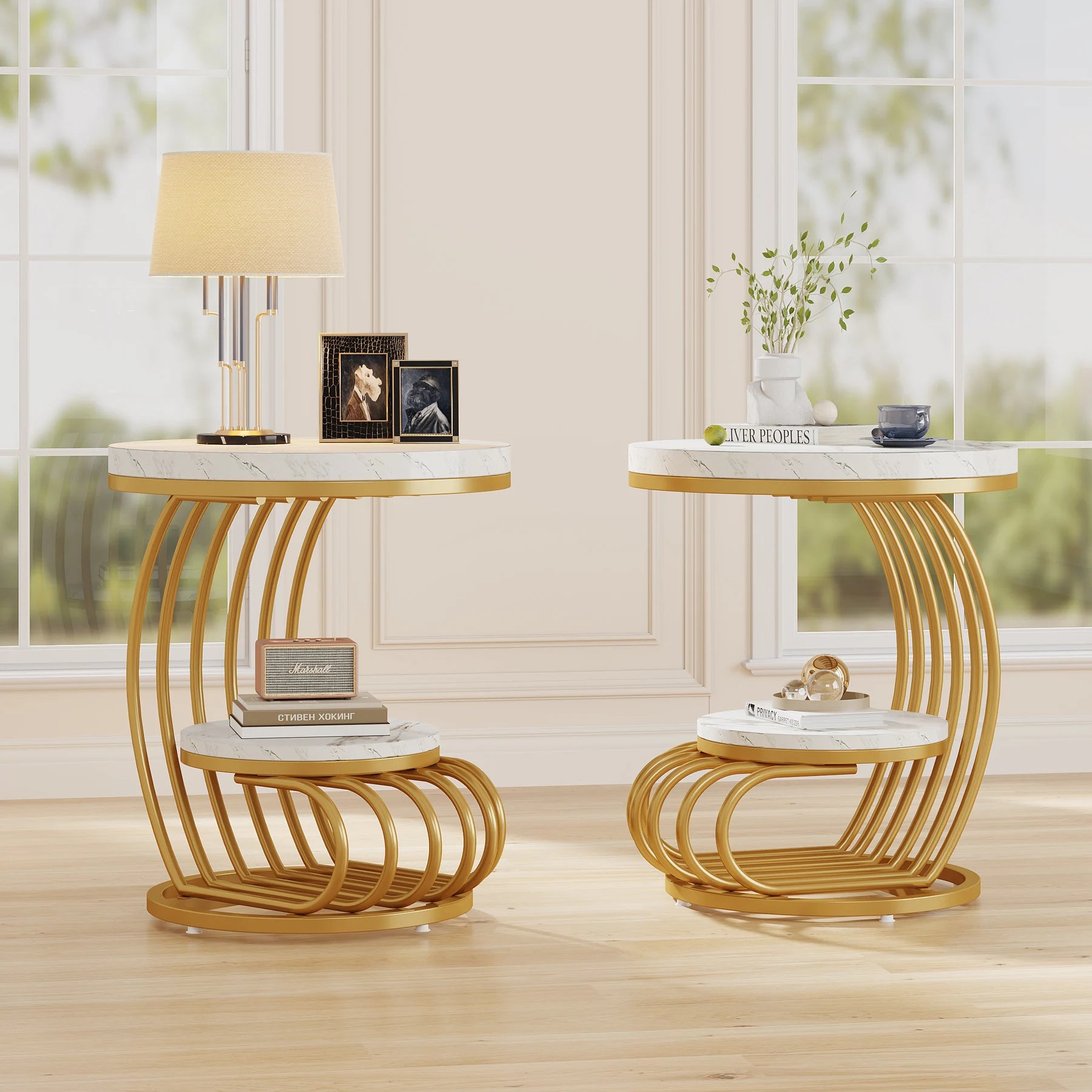 MC THE BLACK DIAMOND faux marble end table with storage shelf, modern tiered side table for living room decor.