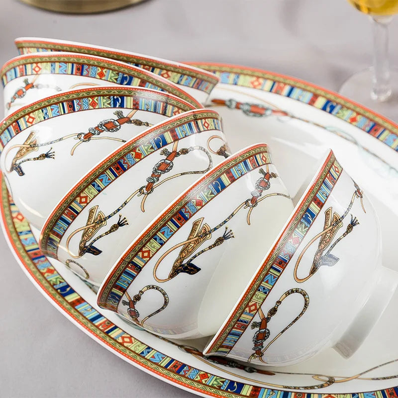 Family size ceramic dinnerware set by MC THE BLACK DIAMOND, includes plates, bowls, and cups for everyday family meals.