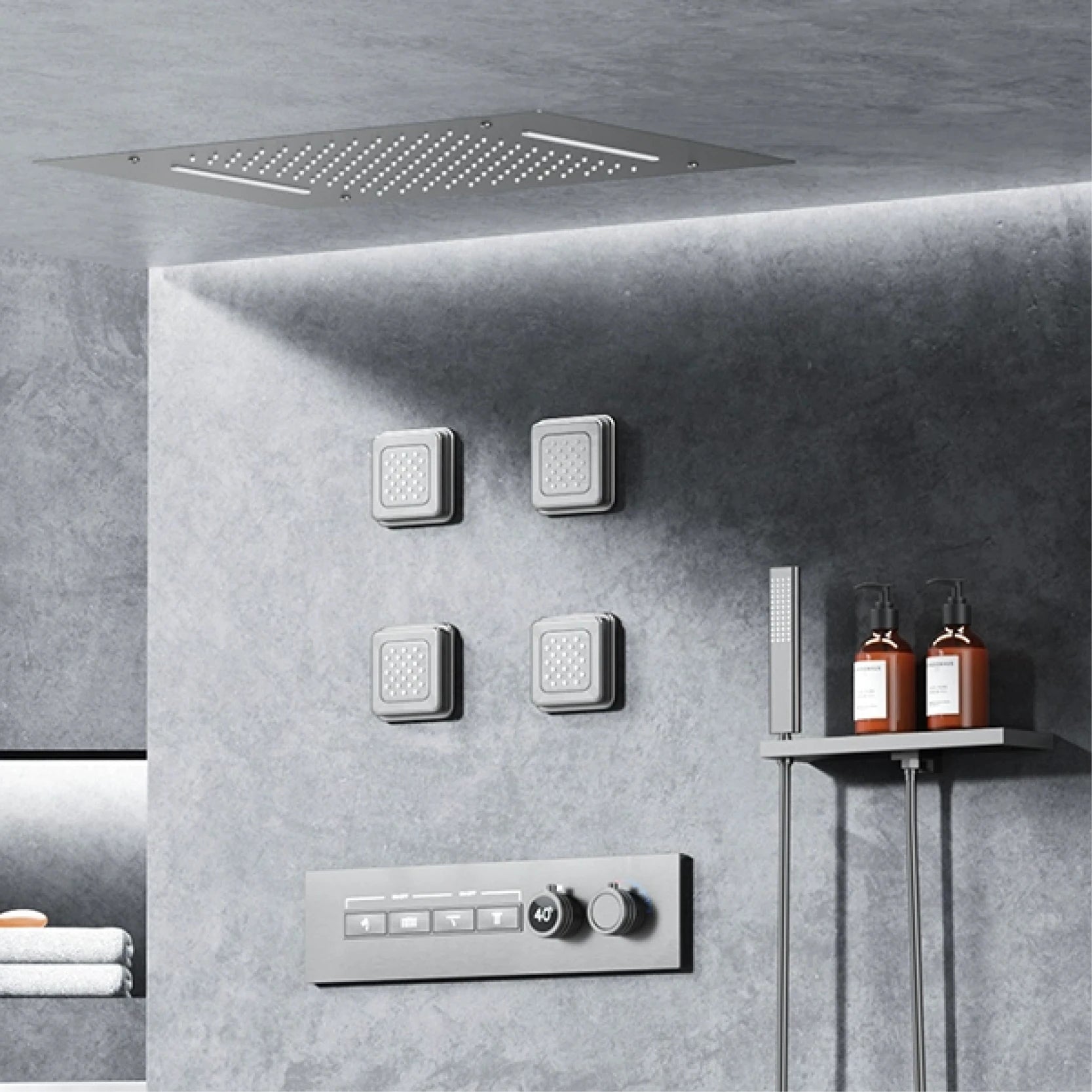 LED digital display shower system by MC THE BLACK DIAMOND with dual hot and cold control, modern bathroom shower faucet.