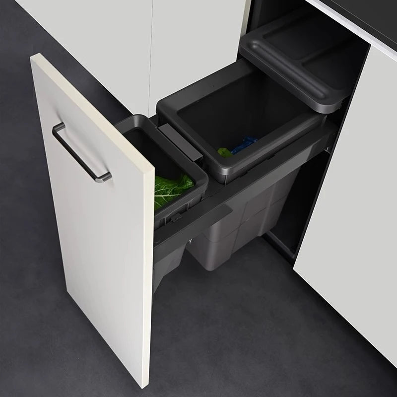 MC THE BLACK DIAMOND hidden trash can with lid, compact garbage bin for kitchens and food waste disposal.