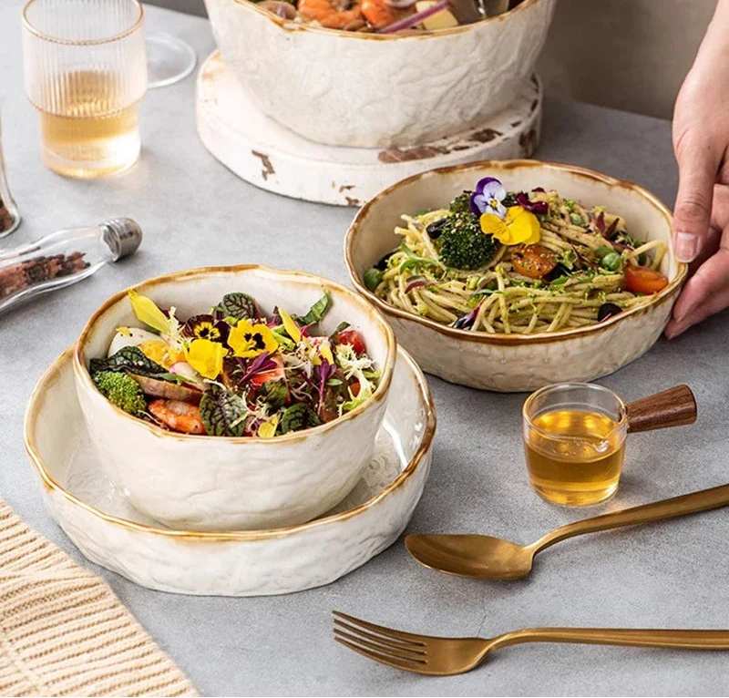 Ceramic deep thick dinnerware set by MC THE BLACK DIAMOND, including plates and bowls with a sleek, glossy finish.