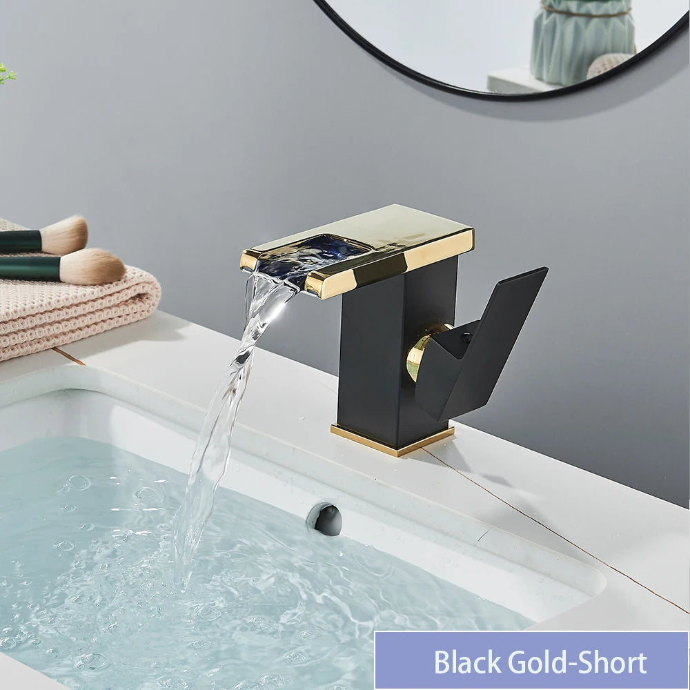 Black LED bathroom sink faucet by MC THE BLACK DIAMOND with waterfall design, brass construction, hot and cold mixer, and modern style.