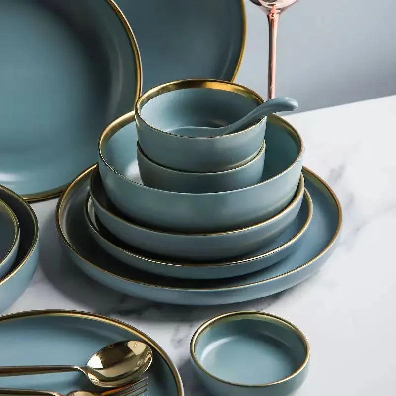 Matte ceramic dinnerware set with cereal bowls, dessert plates, and steak plates from 𝕄𝕔 𝕋𝕙𝕖 𝔹𝕝𝕒𝕔𝕜 𝔻𝕚𝕒