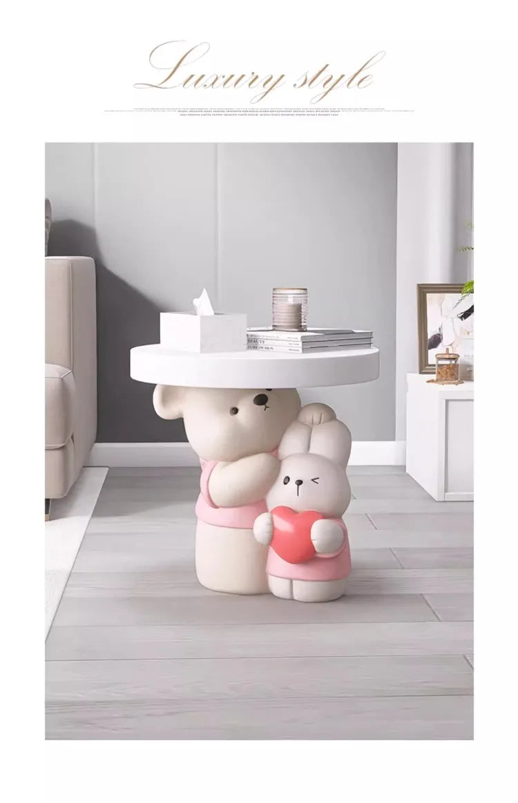 Cream-colored MC THE BLACK DIAMOND bear statue, designed as a cozy coffee table decor piece featuring a parent-child bear figure.