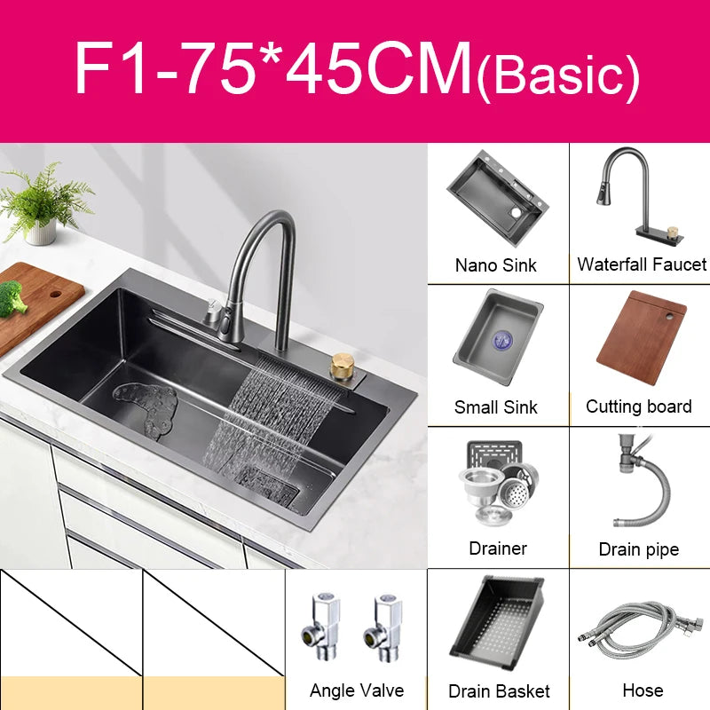 Kitchen sink waterfall faucet by MC THE BLACK DIAMOND with a large single bowl and cup washer, featuring a modern design.