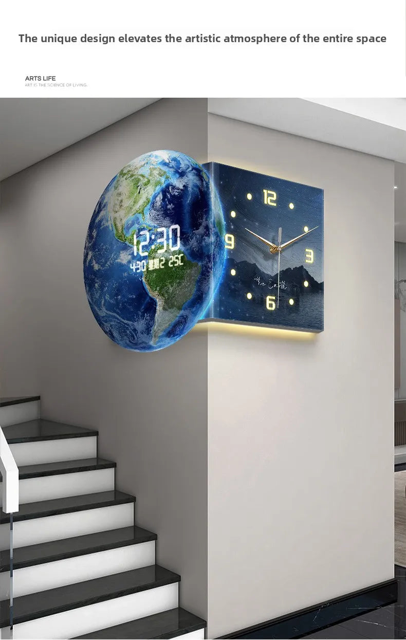 MC THE BLACK DIAMOND Earth Double Sided Corner LED Wall Clock showing time with illuminated display in a modern home setting
