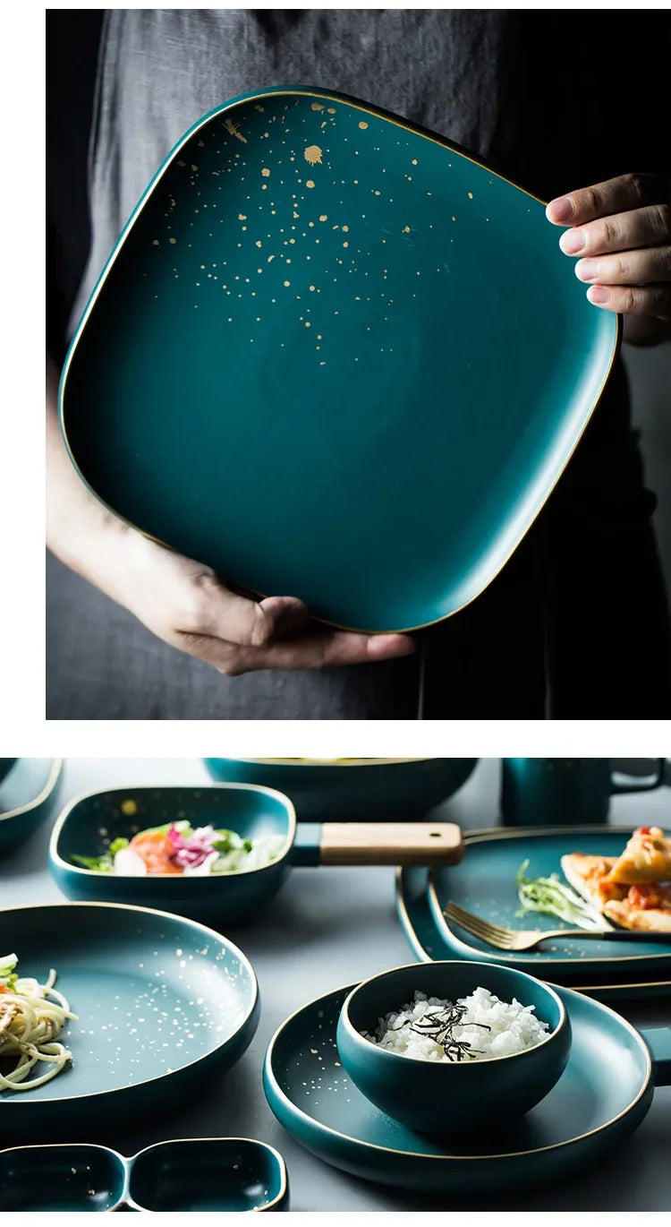 Dark green ceramic Western dinnerware set by MC THE BLACK DIAMOND, includes plates and bowls with a modern Nordic design.