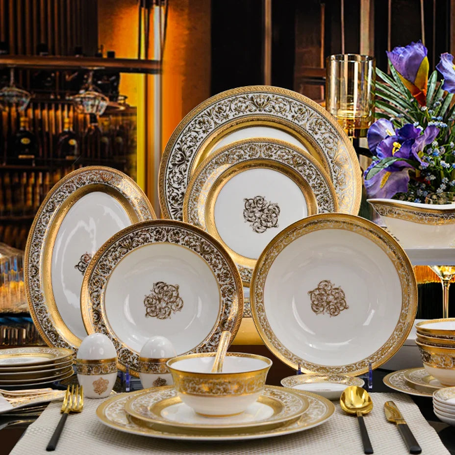 Set of MC THE BLACK DIAMOND ROYAL Dinnerware Family Sets with plates, bowls, and mugs arranged on a table.