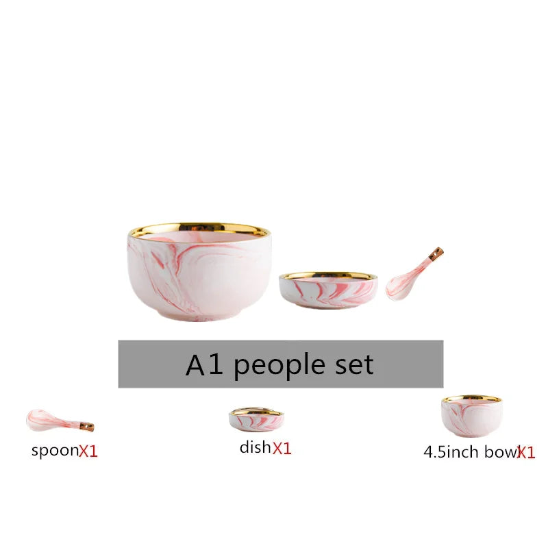 Pink gilded marble pattern porcelain dinnerware set by MC THE BLACK DIAMOND, elegant dinner plates and bowls for stylish dining.