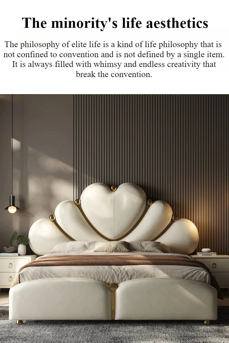White waterproof Nordic aesthetic double bed headboard and frame by MC THE BLACK DIAMOND, elegant European queen and king size bed.