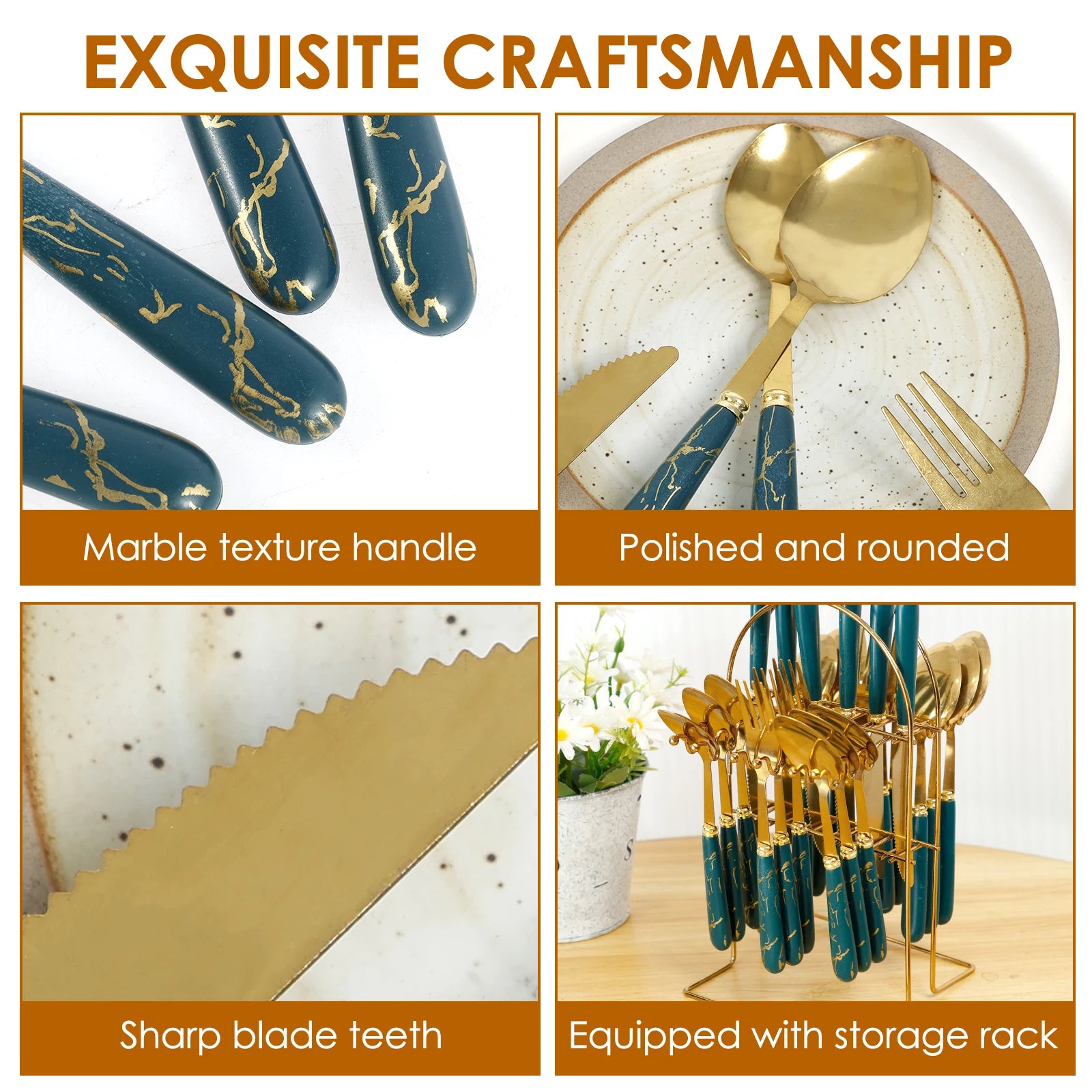 Stainless steel flatware set with holder from MC THE BLACK DIAMOND, includes knives, forks, and spoons arranged neatly.