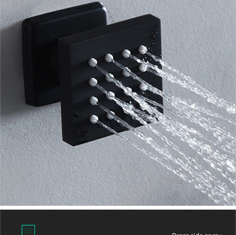 MC THE BLACK DIAMOND LED shower head set with side massage jets and constant temperature valve mixer in a modern shower system.
