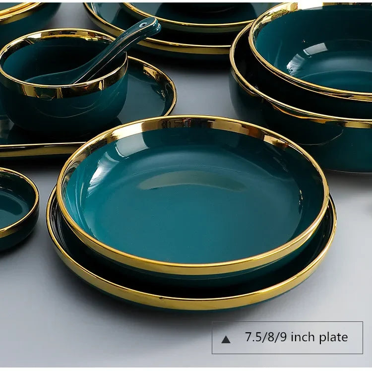 Green ceramic dinnerware set by MC THE BLACK DIAMOND, featuring plates and bowls in a stylish family dinnerware design.