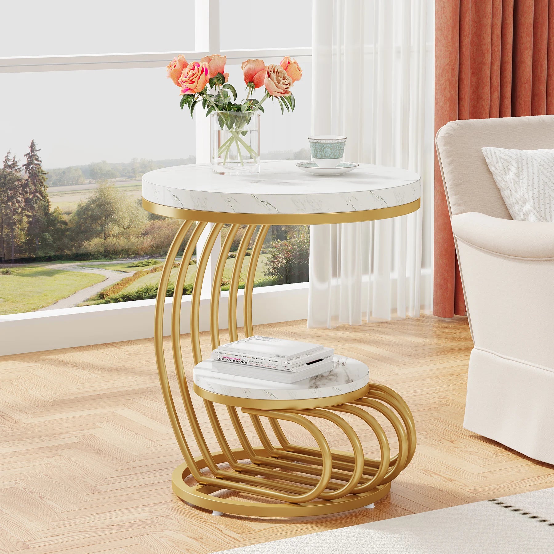 MC THE BLACK DIAMOND faux marble end table with storage shelf, modern tiered side table for living room decor.