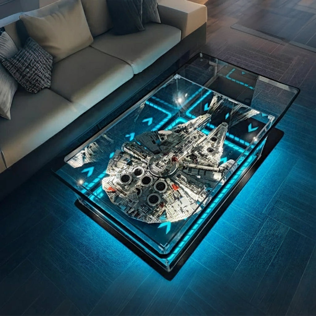 Modern acrylic display box for living room coffee table by MC THE BLACK DIAMOND, showcasing building block models with dust cover.