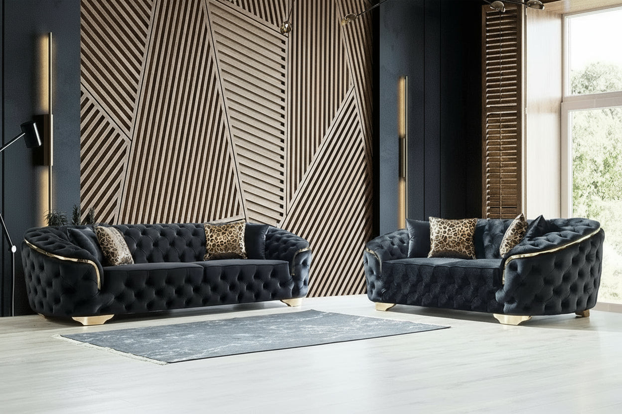 Black velvet 2-seater sofa from 𝕄𝕔 𝕋𝕙𝕖 𝔹𝕝𝕒𝕔𝕜 𝔻𝕚𝕒𝕞𝕠𝕟