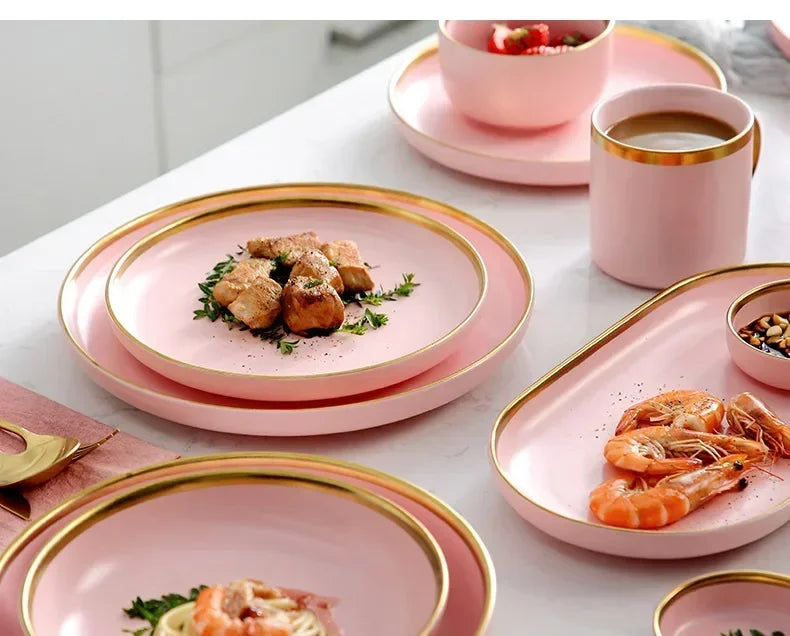 Set of MC THE BLACK DIAMOND ceramic dinnerware dinner sets with plates and bowls for kitchen table use.