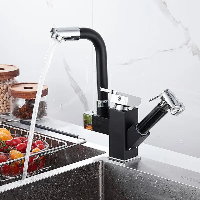 Chrome silver kitchen sink faucet with hot and cold water spring spout, branded MC THE BLACK DIAMOND, designed for modern kitchens.