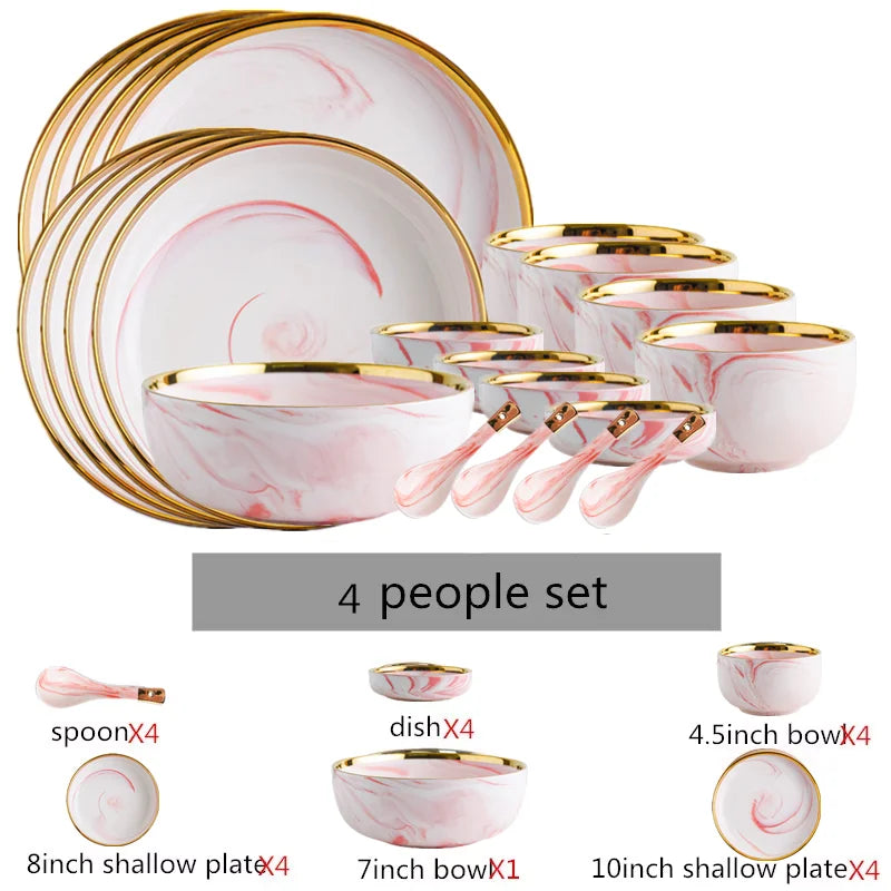 Pink gilded marble pattern porcelain dinnerware set with plates and bowls, designed by MC THE BLACK DIAMOND for elegant table setting.