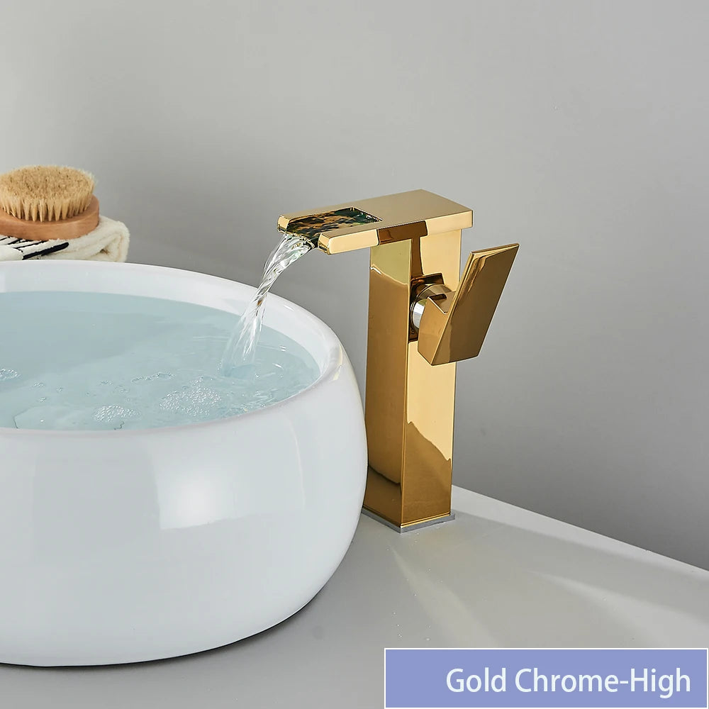 Black LED bathroom sink faucet by MC THE BLACK DIAMOND, brass waterfall mixer with hot and cold water controls.