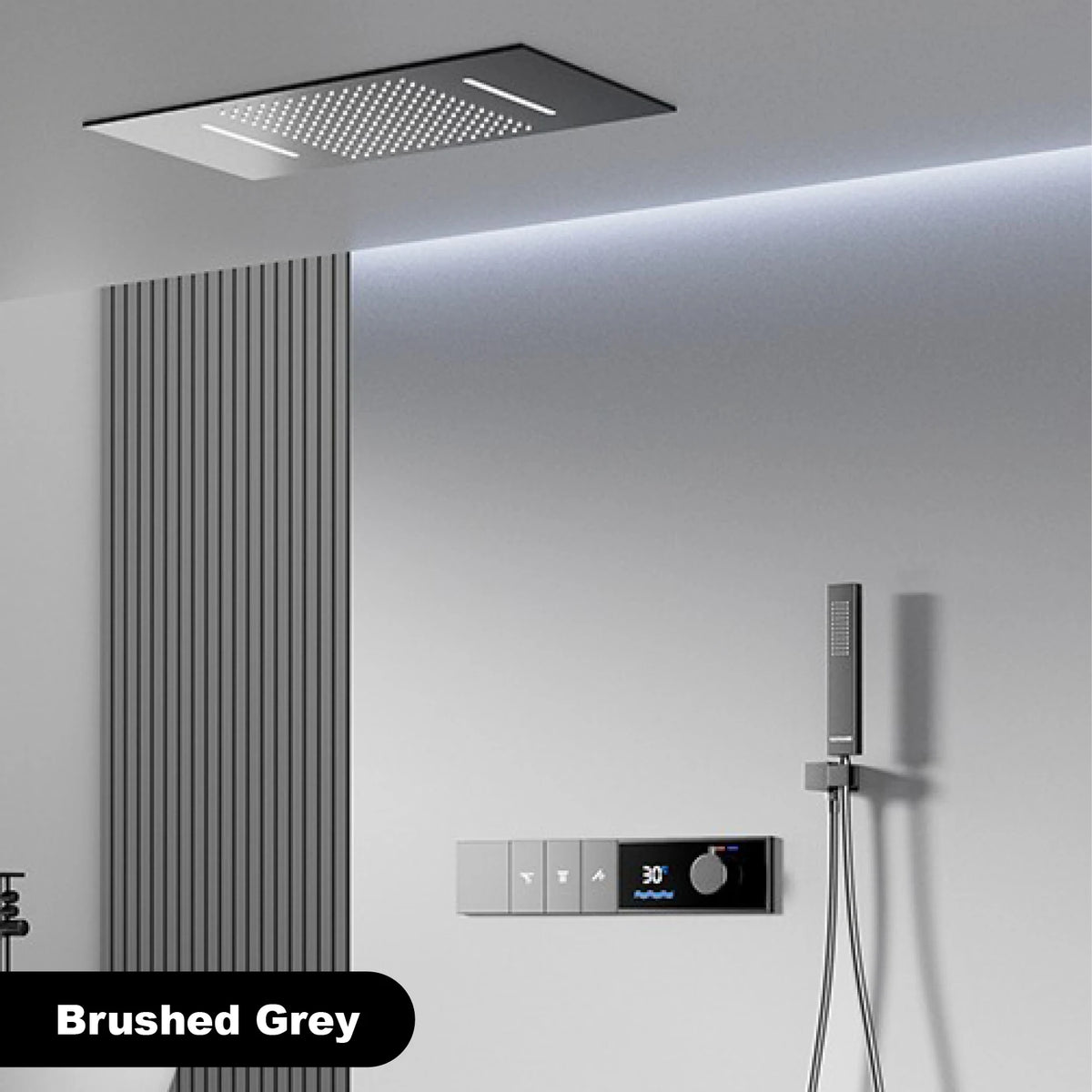 LED digital display shower system with three spray modes by MC THE BLACK DIAMOND, showing modern controls and sleek design.