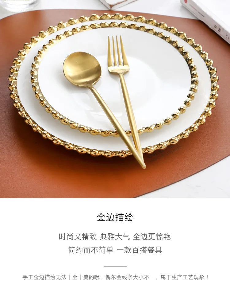 Nordic ceramic plates and bowls set with gold round dot edge, ideal for salads, desserts, and dinner tableware by 𝕄𝕔 𝕋𝕙𝕖 𝔹𝕝𝕒𝕔𝕜 �