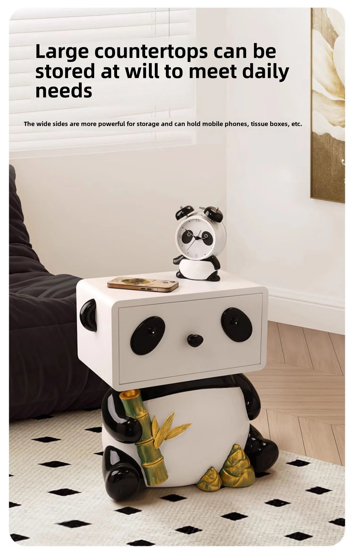 Cute panda-themed bedside table by MC THE BLACK DIAMOND, featuring creative floor storage and a charming decorative design.