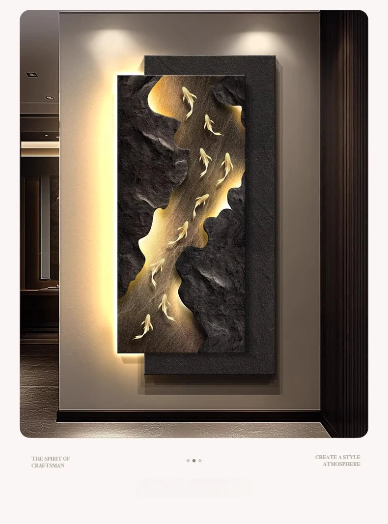 Decorative wall light fixture featuring a hanging koi fish painting by MC THE BLACK DIAMOND for elegant home decor.