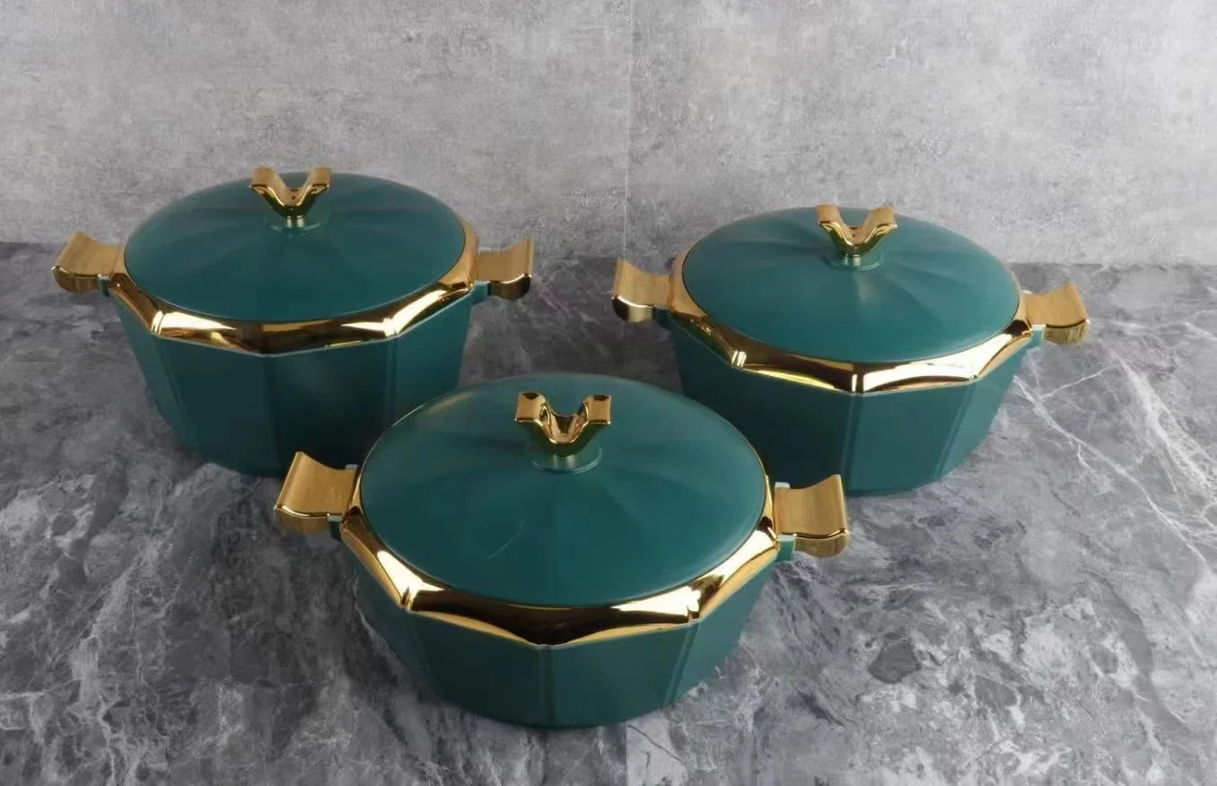 Set of three MC THE BLACK DIAMOND food warmer casserole dishes for keeping meals hot and fresh.