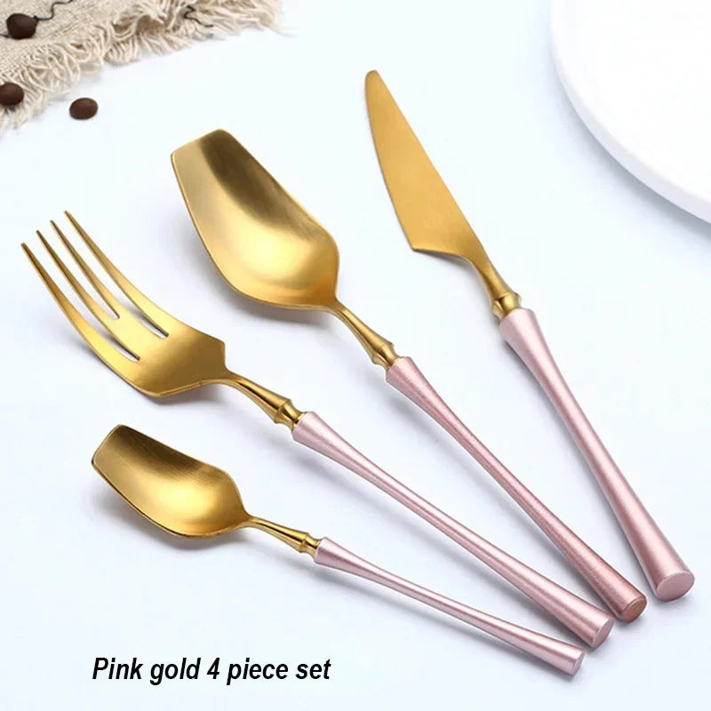 Matte stainless steel dinnerware set with black, gold, and silver finishes featuring sleek, modern designs and reflective surfaces.