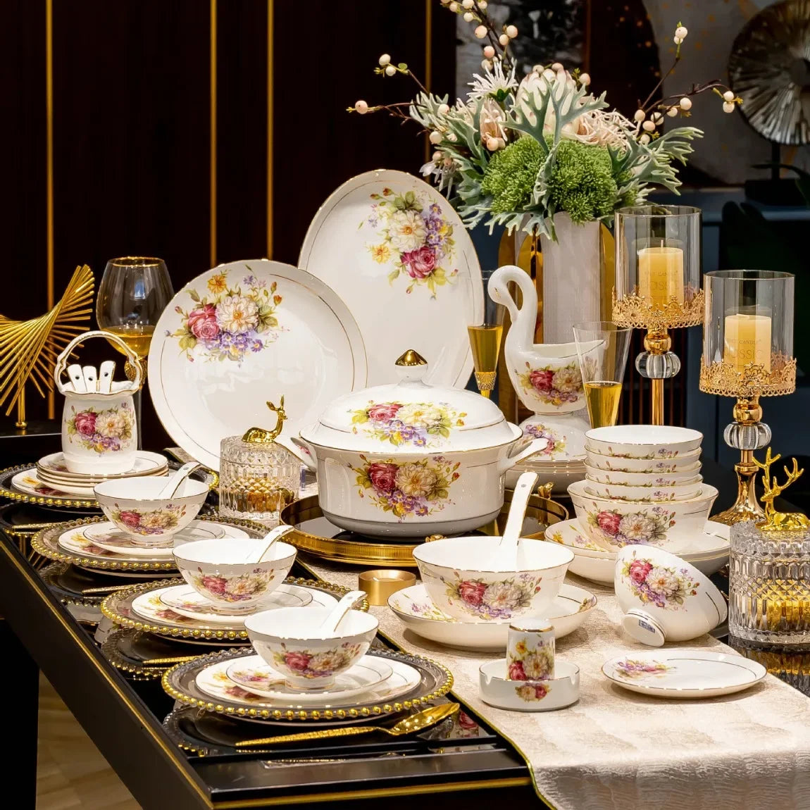Family size luxury dinnerware set by MC THE BLACK DIAMOND, featuring elegant plates, bowls, and cups for upscale dining.