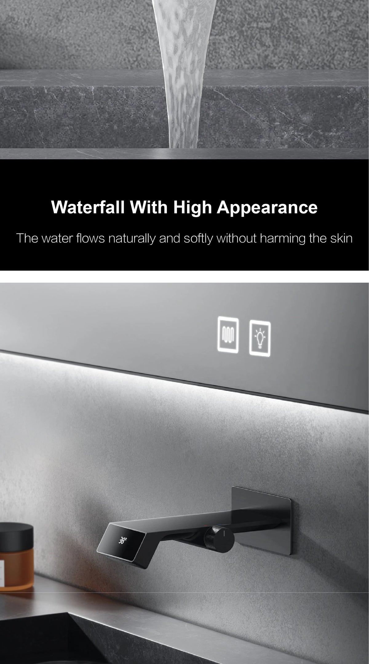 Luxury gray brass bathroom faucet with LED digital display and modern design from MC THE BLACK DIAMOND for bath sinks.