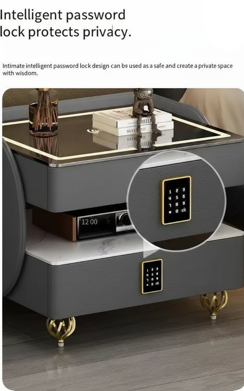 MC The Black Diamond coded lock USB rolling side table with storage and modern design, suitable for bedside or living room use.
