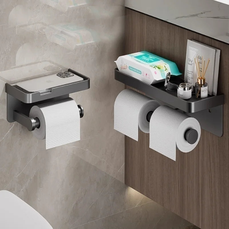 Wall-mounted MC THE BLACK DIAMOND toilet paper holder with waterproof tissue box rack for bathroom storage.