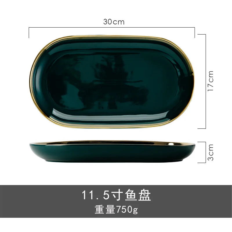 Creative dark green ceramic cutlery bowls set with gold-plated accents, including rice bowls and porcelain plates for kitchen use.