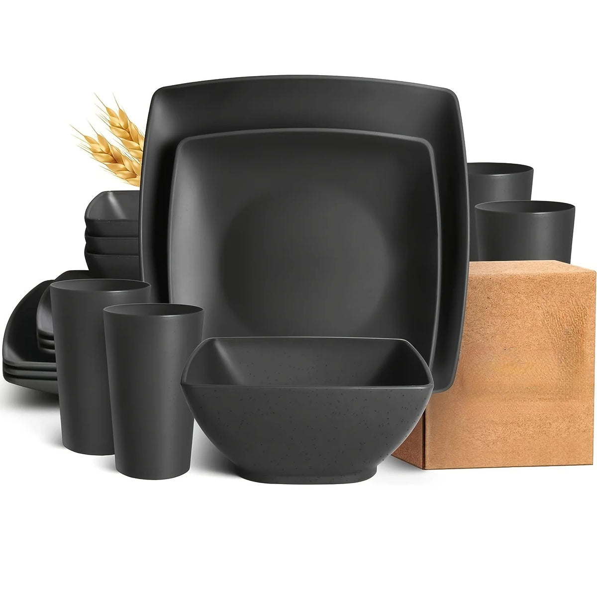 Set of 16/32 plastic square dinnerware pieces from MC The Black Diamonds, including plates and bowls, suitable for dishwasher use.