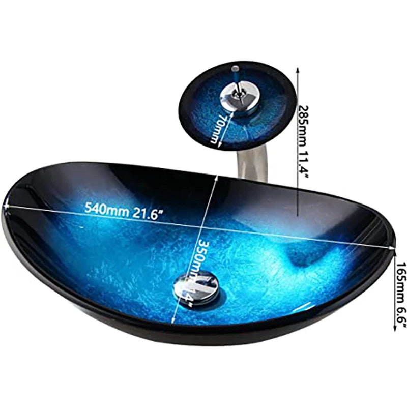 Blue glass vessel sink with waterfall faucet set by MC THE BLACK DIAMOND, modern bathroom vanity fixture.