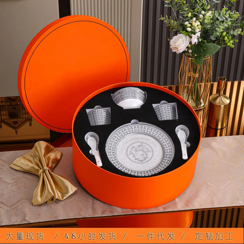 Luxury gray art tableware set by MC THE BLACK DIAMOND with bowl, plate, and spoon for elegant drinkware presentation.